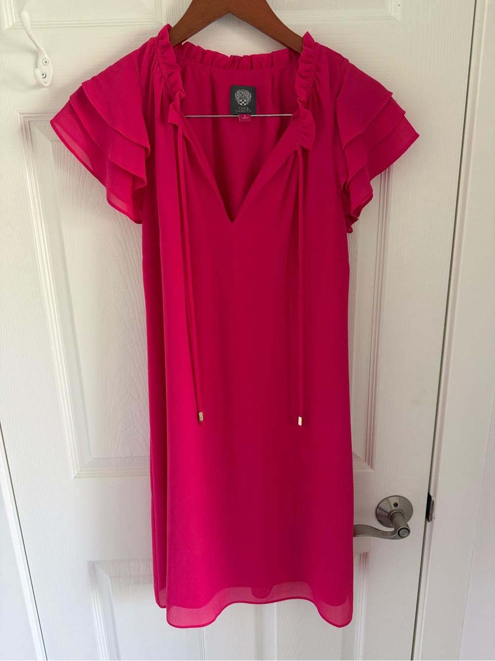 Vince Camuto Hot Pink Ruffle Sleeve V-Neck Mini Dress